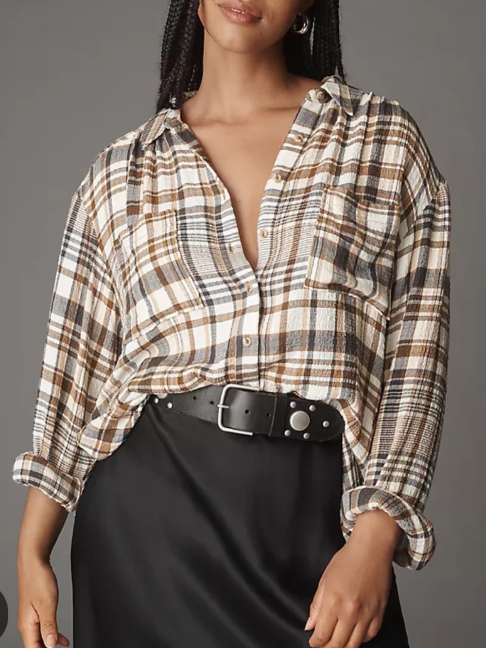 Anthropologie Pilcro Hadley Relaxed Plaid Button Down Shirt Brown Size Medium